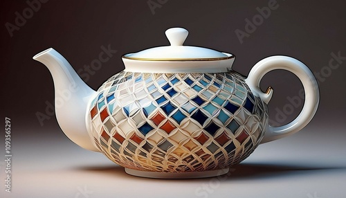 minimalist white teapot with mosaic like and pynkic patterns ideal for a modern or exciting project presentation photo