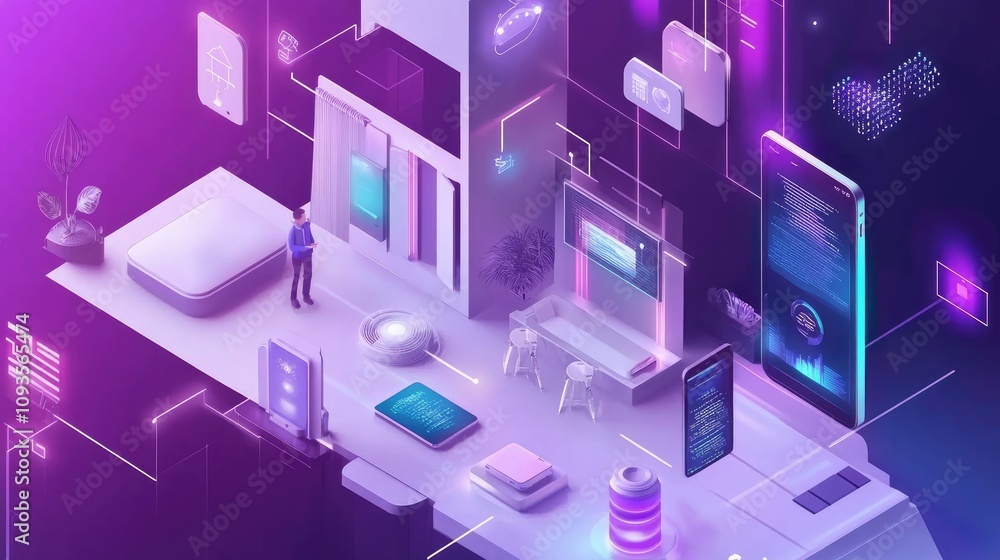 Futuristic smart home interior with interconnected devices and digital interfaces. Futuristic smart home interior with interconnected devices and digital interfaces.