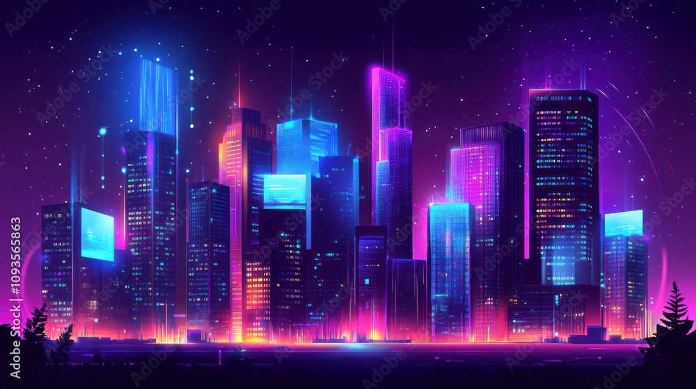 Neon Cityscape at Night Glowing Towers and Stars Neon Cityscape at Night Glowing Towers and Stars