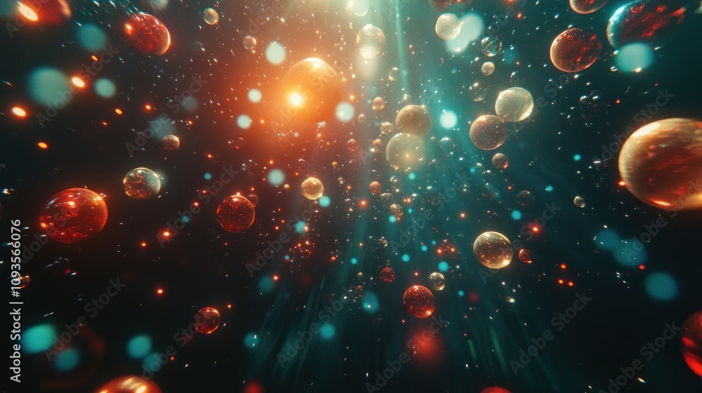 Glowing orbs float in a dark teal cosmic space Glowing orbs float in a dark teal cosmic space