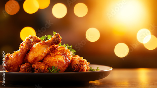 33 Plate of golden crispy fried chicken with herbs, soft warm light, ultrarealistic