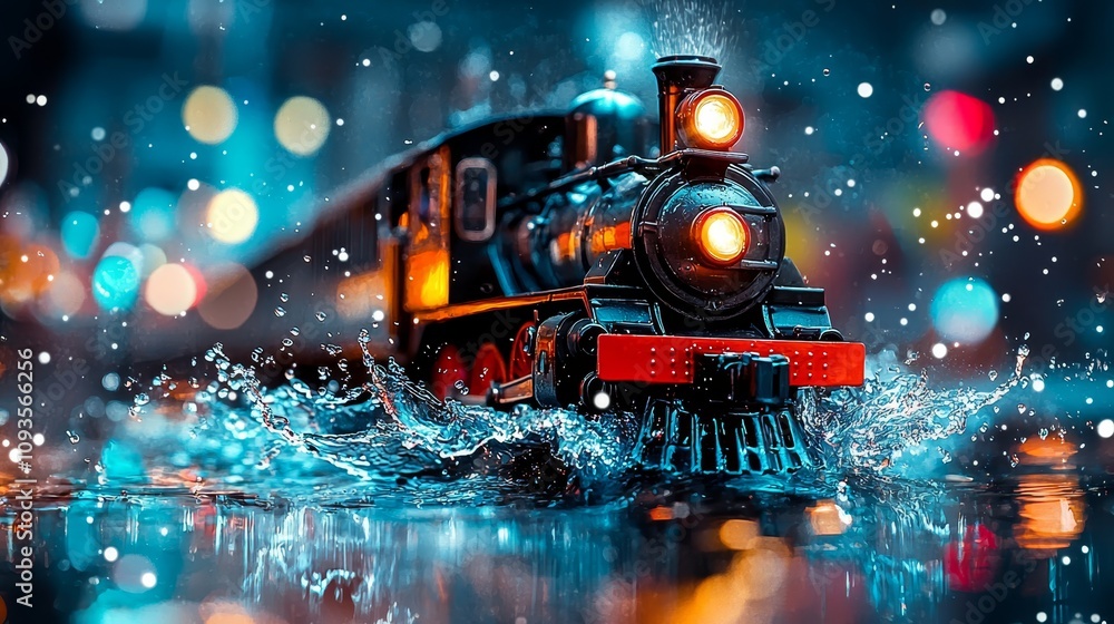 A toy train traveling through a puddle of water A toy train traveling through a puddle of water