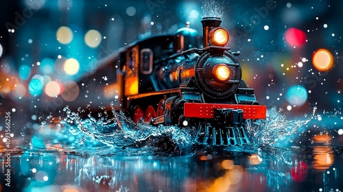 A toy train traveling through a puddle of water