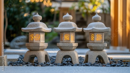 Wallpaper Mural Three illuminated stone lanterns in a Japanese garden. Torontodigital.ca