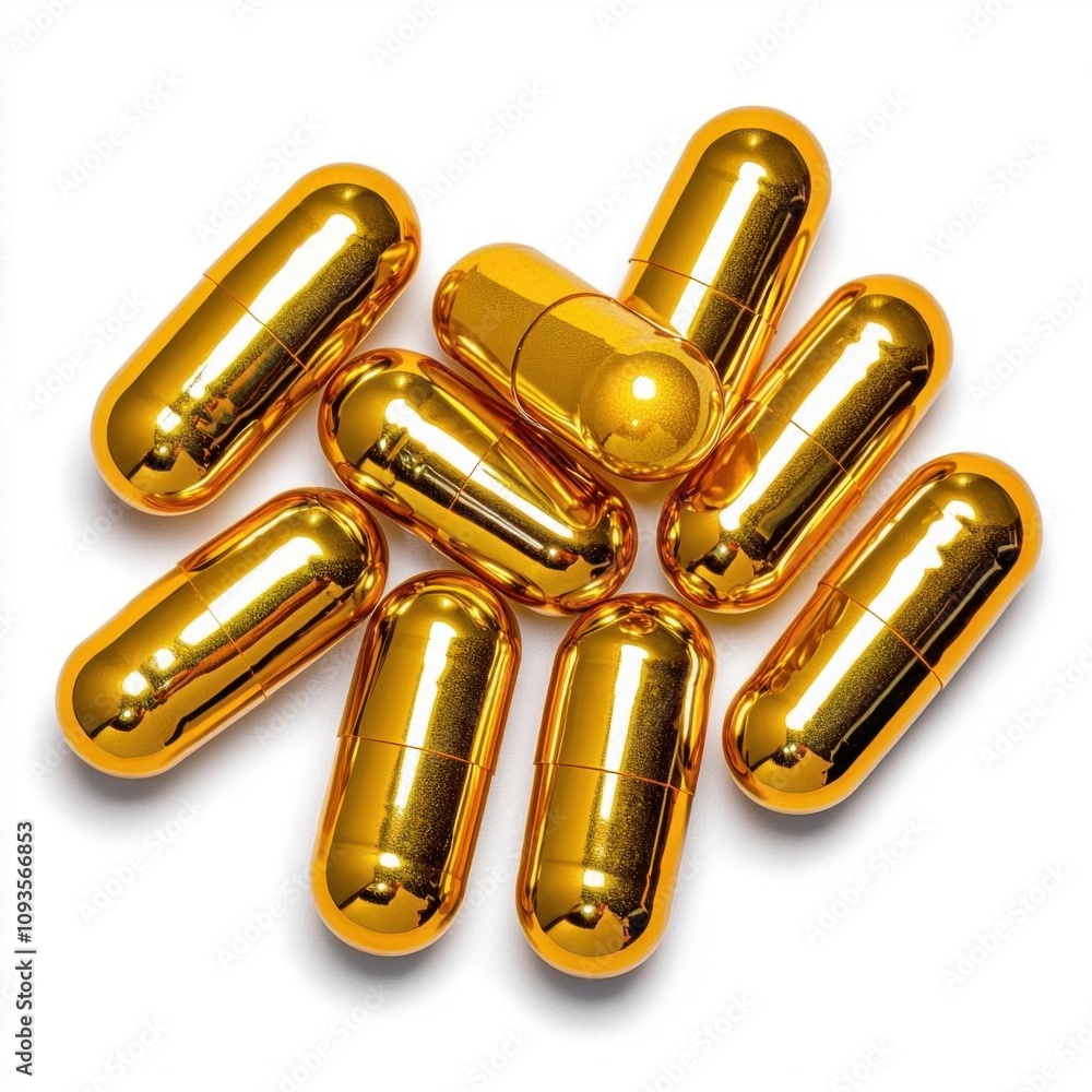 Naklejka premium A photostock of golden capsules scattered on a white background, ideal for health and wellness products. High Quality