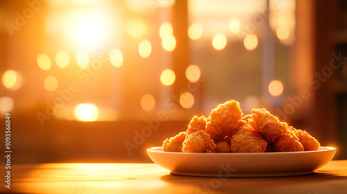 40 Plate of fried chicken with golden skin, warm lighting, ultrarealistic crispy detail photo