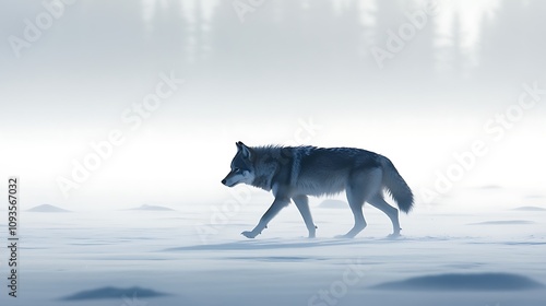 A lone wolf trotting across an open snowy landscape its silhouette standing out sharply against the horizon photo