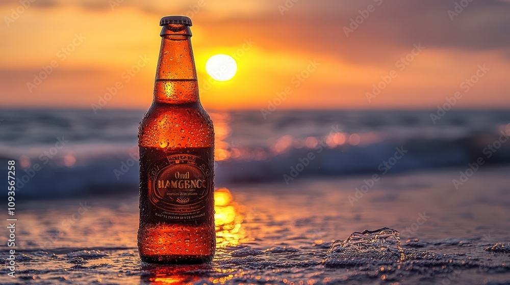 The chaos of a beer bottle in sharp focus against a sunset, blurred beach setting. The chaos of a beer bottle in sharp focus against a sunset, blurred beach setting.