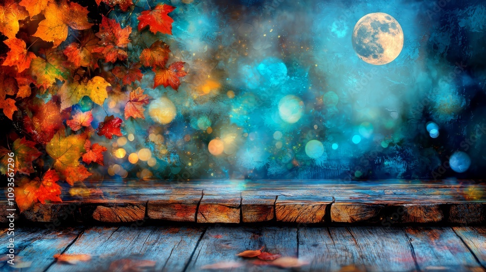 A wooden table with a full moon in the background A wooden table with a full moon in the background