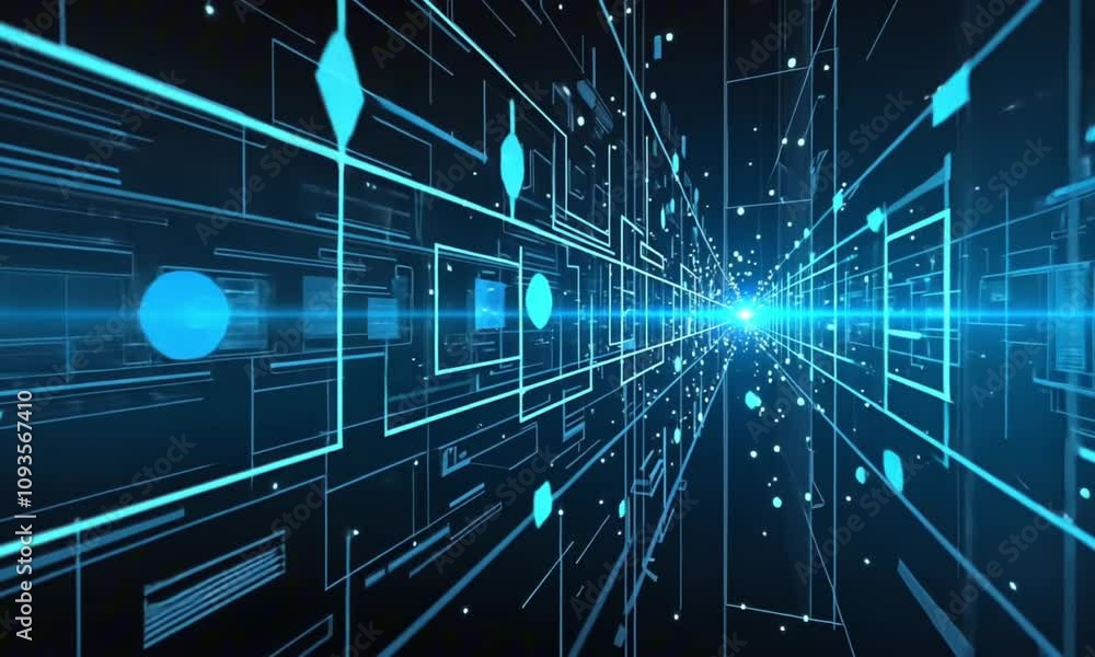 Futuristic digital data flow with glowing lines and geometric shapes in a dark space Futuristic digital data flow with glowing lines and geometric shapes in a dark space