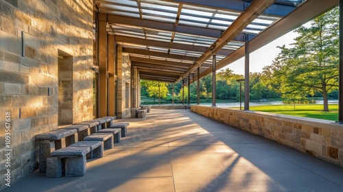 A serene walkway with stone benches and lush greenery, ideal for relaxation and contemplation.