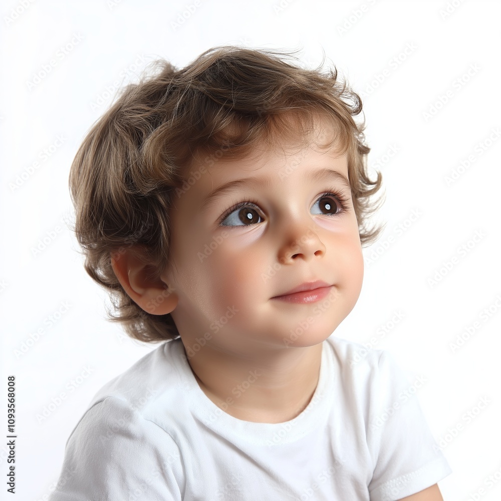 A sweet young boy gazes up with curious eyes amidst a soft background. A sweet young boy gazes up with curious eyes amidst a soft background.