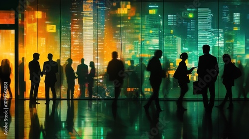 Silhouettes of business professionals against a vibrant city skyline at night.