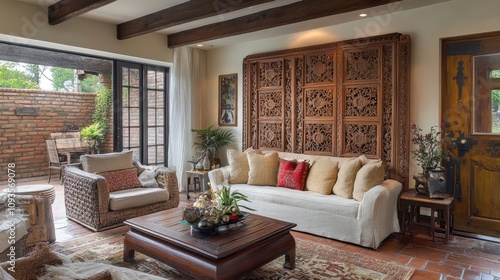 Elegant living room with carved wood screen, patio access, and woven furniture.