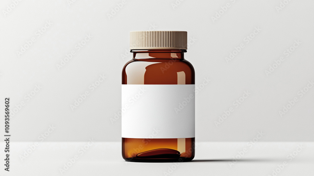 Empty amber glass bottle with brown lid and blank label on neutral background Empty amber glass bottle with brown lid and blank label on neutral background