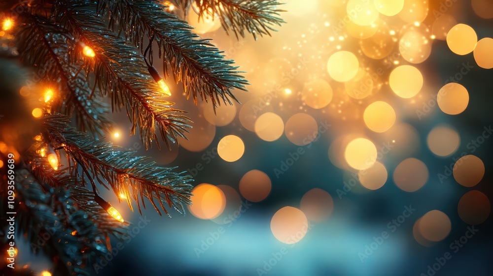 Close-Up of Pine Branch String Lights with Starlight, Blurred Warm Light Spots, Cool Christmas Atmosphere, Serene Outdoor Scene.AI Generation Close-Up of Pine Branch String Lights with Starlight, Blurred Warm Light Spots, Cool Christmas Atmosphere, Serene Outdoor Scene.AI Generation