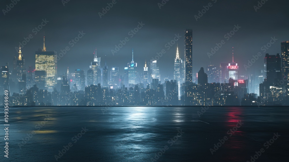 A nighttime cityscape featuring illuminated skyscrapers and a reflective waterfront. A nighttime cityscape featuring illuminated skyscrapers and a reflective waterfront.