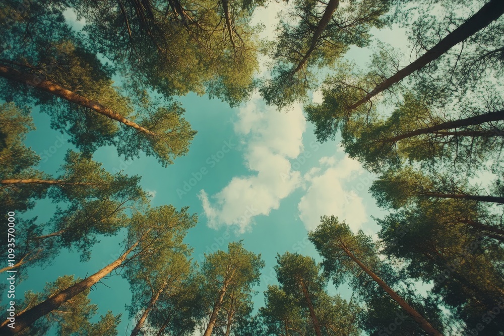 Fototapeta premium Trees in forest from below, green tops of trees, blue & white sky background