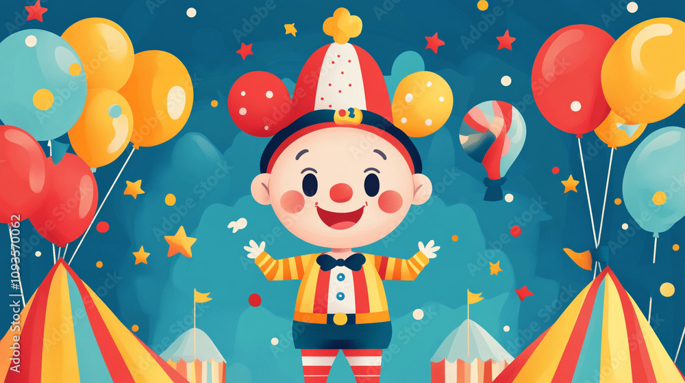Cheerful clown welcomes visitors to a vibrant carnival filled with colorful balloons and tents Cheerful clown welcomes visitors to a vibrant carnival filled with colorful balloons and tents
