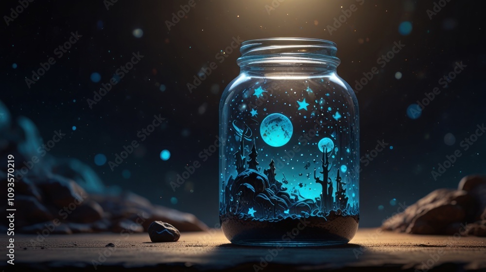 Here's a description and keywords for your stock photo.. Enchanting night scene captured within a glass jar, showcasing a miniature winter landscape under a starry sky. Here's a description and keywords for your stock photo.. Enchanting night scene captured within a glass jar, showcasing a miniature winter landscape under a starry sky.