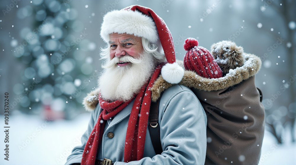 Fototapeta premium Santa Claus with a bag of toys walking through a snowy forest during a festive winter day