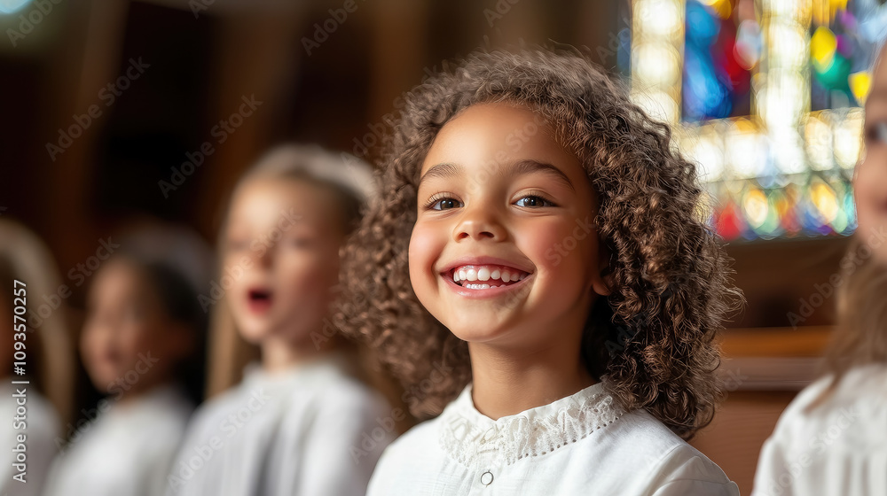 Obraz premium Photo of children singing in church choir, close up, singing, kids performing on stage, singer, girls and boys singing at school concert, african american musician
