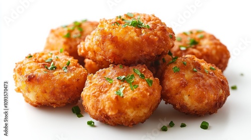 A pile of crispy, golden-brown fried cheese balls, garnished with fresh parsley, isolated on a white background.