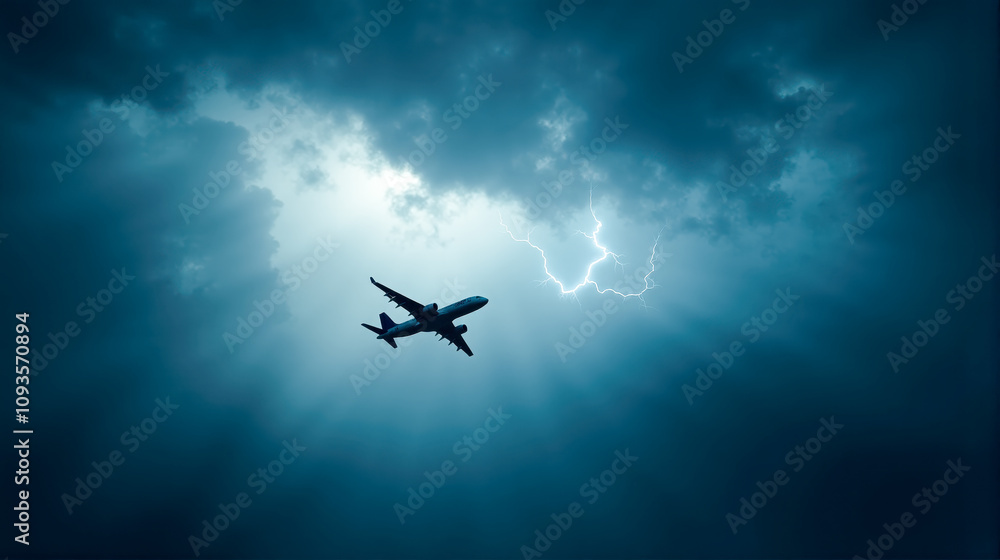 Naklejka premium Airplane flying through dark storm clouds amidst flashes of lightning