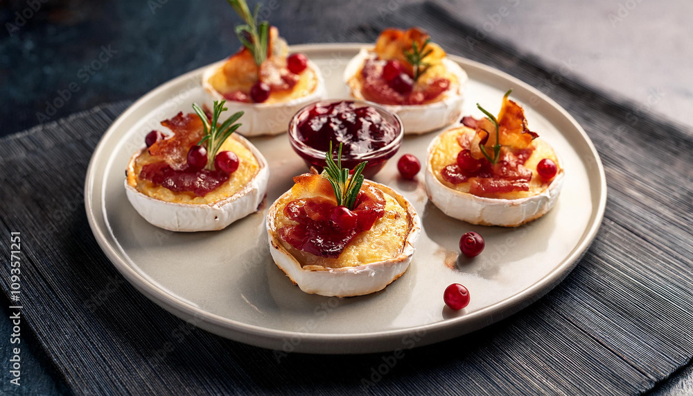 Mini versions of baked brie, topped with cranberry sauce and often wrapped in bacon Mini versions of baked brie, topped with cranberry sauce and often wrapped in bacon