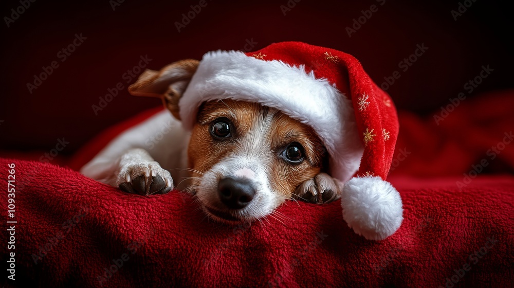 A cute dog in a Santa hat lies on a red blanket, exuding warmth and festive cheer, capturing the essence of holiday spirit and cuddly companionship.