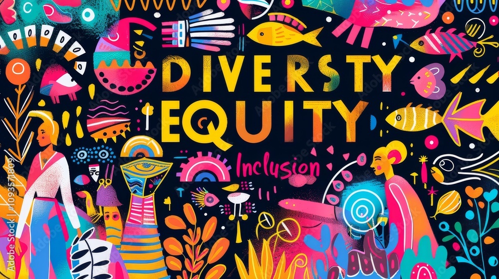 Obraz premium A vibrant poster with the words DIVERSITY EQUITY Inclusion prominently displayed in bold, colorful lettering