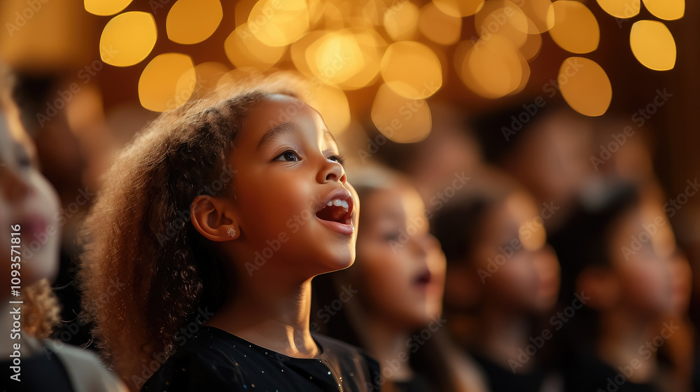 Fototapeta premium Photo of children singing in church choir, close up, singing, kids performing on stage, singer, girls and boys singing at school concert, african american musician