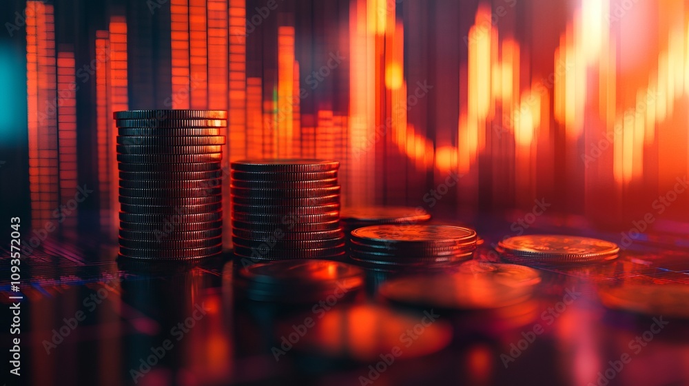 Several stacks of coins are lit dramatically against a backdrop of a fluctuating market chart, symbolizing finance and economic trends in a digital age. Several stacks of coins are lit dramatically against a backdrop of a fluctuating market chart, symbolizing finance and economic trends in a digital age.