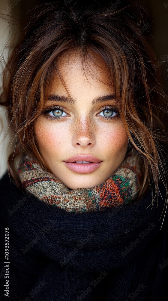 A woman with freckles on her face wearing a scarf A woman with freckles on her face wearing a scarf