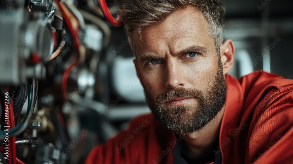 A bearded engineer in a red jumpsuit works intently on a complex machinery setup, showcasing precision and dedication in an industrial environment.
