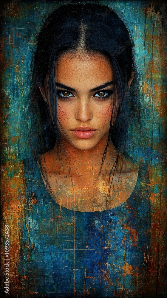 Fototapeta premium A woman with long black hair and blue eyes