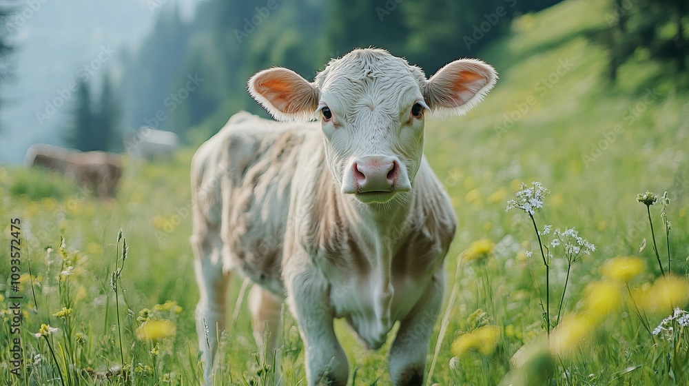 A cute calf stands in a vibrant meadow filled with wildflowers on a sunny day. The surrounding lush greenery and peaceful ambiance create a serene pastoral scene. A cute calf stands in a vibrant meadow filled with wildflowers on a sunny day. The surrounding lush greenery and peaceful ambiance create a serene pastoral scene.