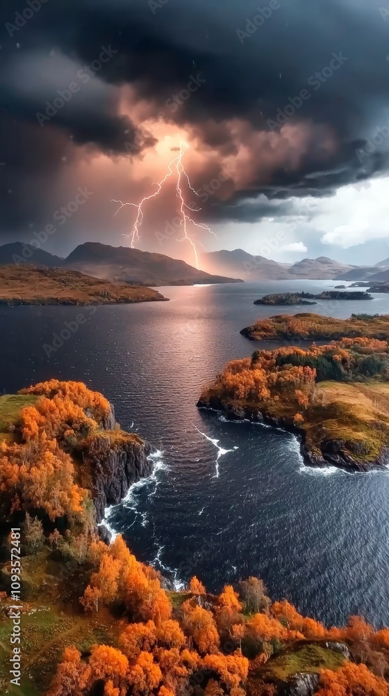 Naklejka premium A large body of water under a cloudy sky with a lightning bolt