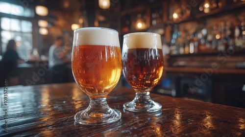 Frothy light and dark beer glasses on a table, sharp focus, inviting pub lighting, and a lively bar scene in the background. photo