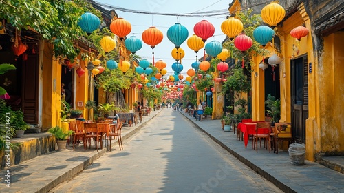 Colorful lanterns adorn a vibrant street in Hoi An, Vietnam, creating a picturesque scene with charming shops and cafes.