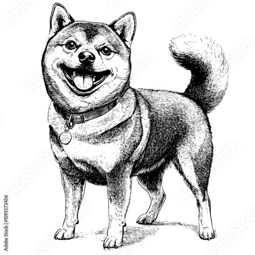 Smiling Shiba Inu with Curled Tail - Line Art Illustration