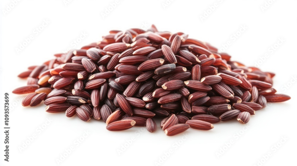 A pile of red rice grains isolated on a white background. A pile of red rice grains isolated on a white background.
