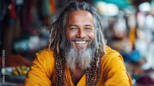 Bearded man with friendly demeanor, wearing handmade jewelry, seated in a colorful market stall, capturing the essence of resilience, craftsmanship, and diversity.