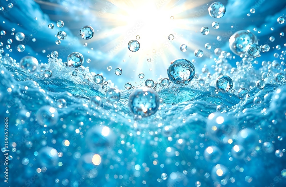Bubbles under blue clean water with sunny rays. Bubbles under blue clean water with sunny rays.