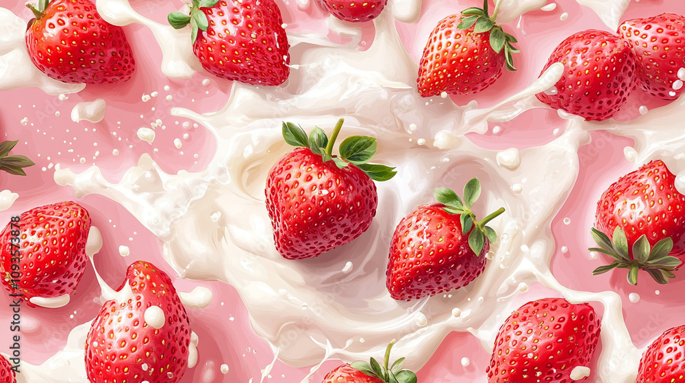 Fresh strawberries surrounded by creamy dessert in a vibrant pink setting Fresh strawberries surrounded by creamy dessert in a vibrant pink setting