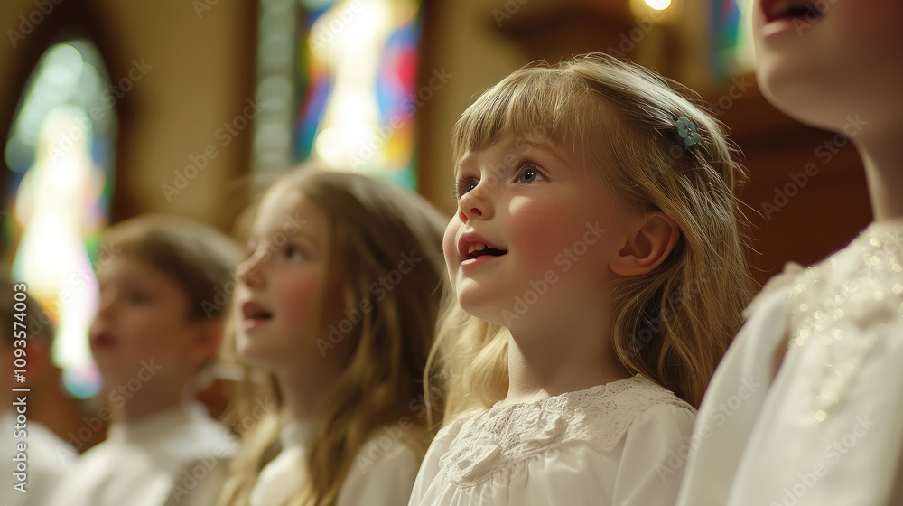 Fototapeta premium Photo of children singing in church choir, close up, singing, kids performing on stage, singer, girls and boys singing at school concert