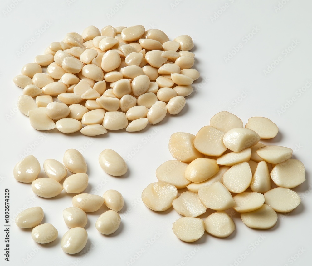 A collection of various sizes and shapes of pale seeds arranged on a white background. A collection of various sizes and shapes of pale seeds arranged on a white background.