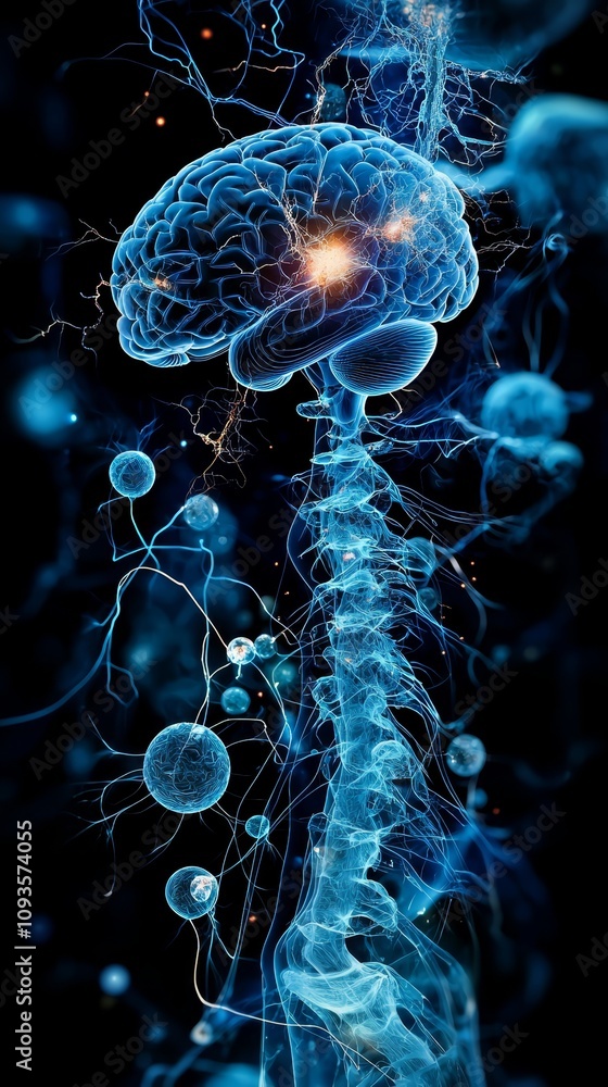 Obraz premium A blue brain with a lot of neurons in it
