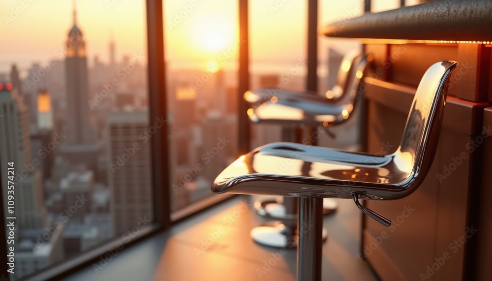 Shiny Chrome Stool with Minimalist Design at a Trendy Rooftop Bar, Cityscape in the Background, Golden Hour Light Shiny Chrome Stool with Minimalist Design at a Trendy Rooftop Bar, Cityscape in the Background, Golden Hour Light
