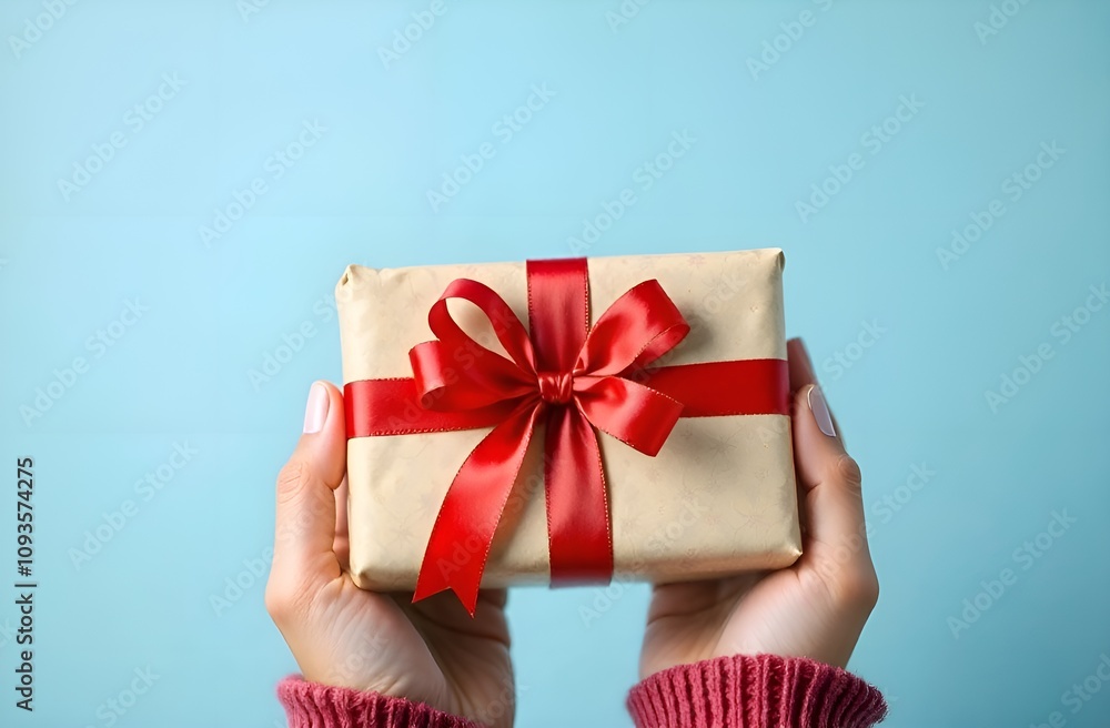 woman hands holding gift box in beige wrapping paper and red ribbon on light blue background. woman hands holding gift box in beige wrapping paper and red ribbon on light blue background.